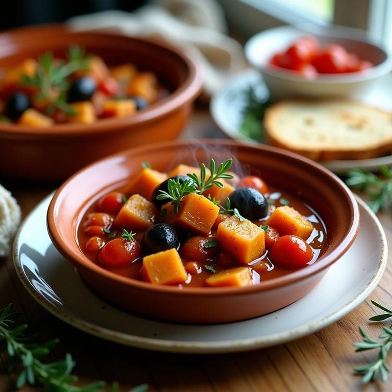 Estofado de Berenjena y Tomates Secos con Aceitunas Kalamata: Receta Griega Vegana en 25 Minutos