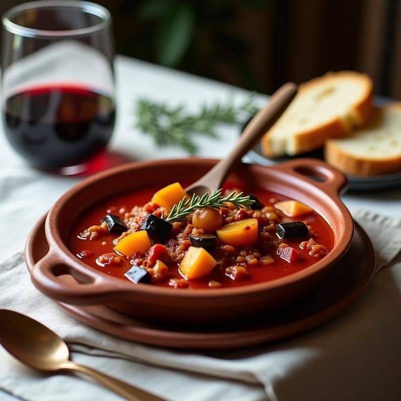 Estofado de Jackfruit y Berenjena en Salsa de Tomate y Vino Tinto: Receta Vegana al Estilo Italo-Francés