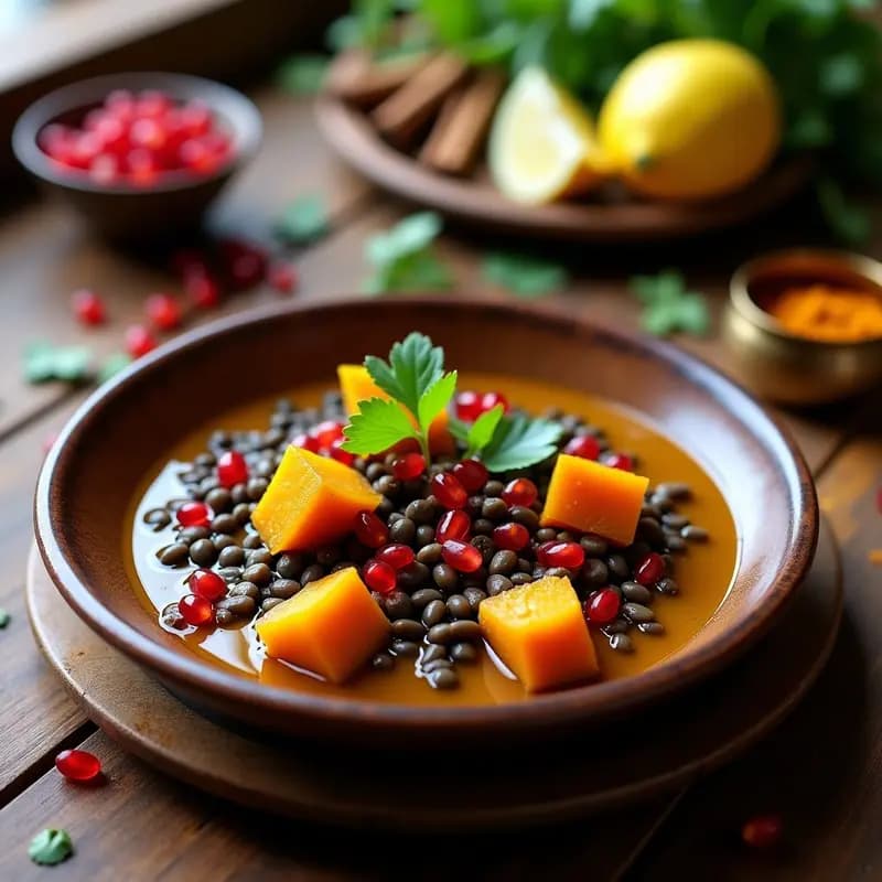 Estofado de Lentejas Beluga con Calabaza y Cúrcuma: Receta Persa Vegana y Antiinflamatoria