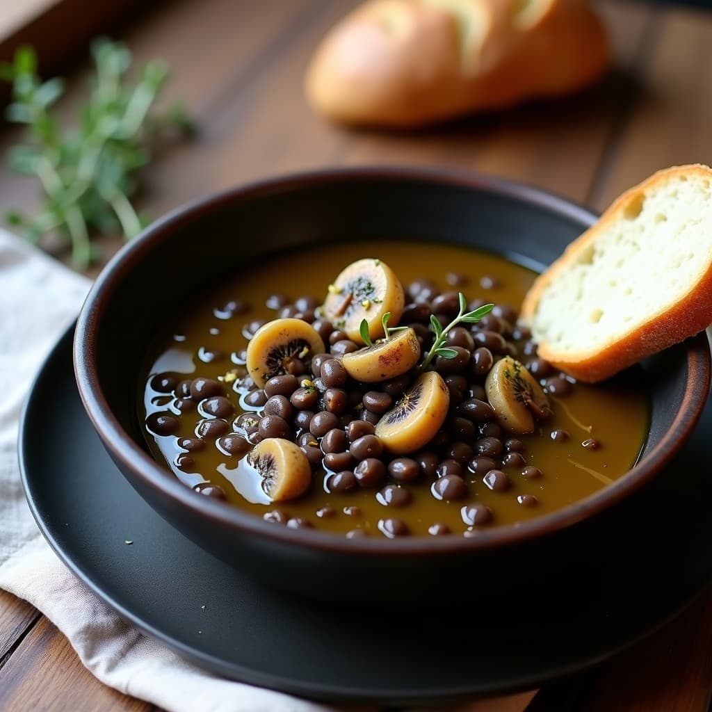Estofado de Lentejas Beluga y Champiñones Portobello: Receta en Olla Exprés con Toque Francés