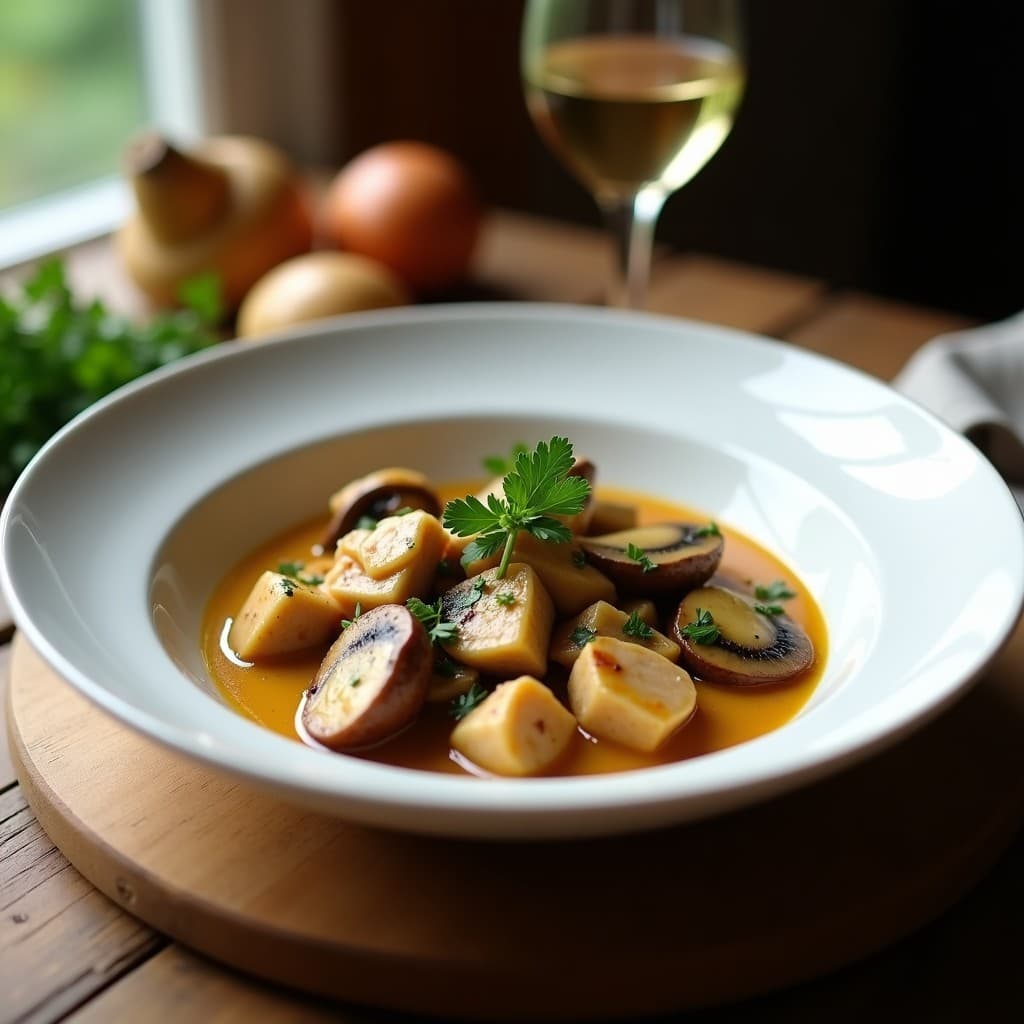 Estofado de Pollo al Vino Blanco y Champiñones Portobello: Receta Francesa en Thermomix en 30 Minutos