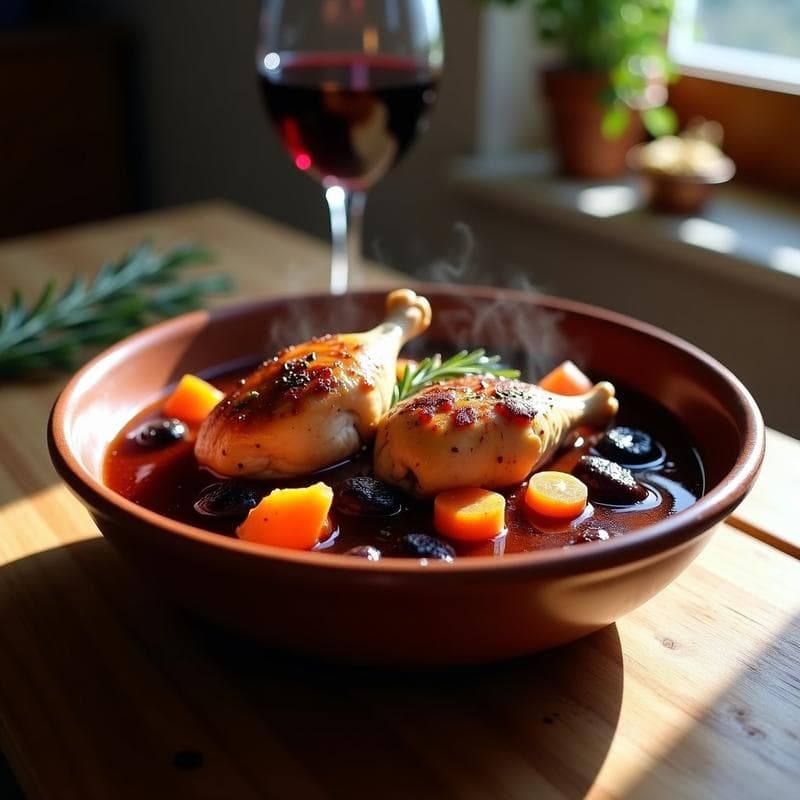 Estofado de Pollo al Vino Tinto con Ciruelas: Receta Francesa Tradicional en Olla Lenta