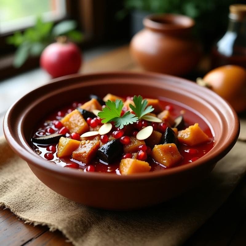 Estofado de Seitan y Berenjena con Salsa de Granados: Receta Armena Vegana en Olla Lenta