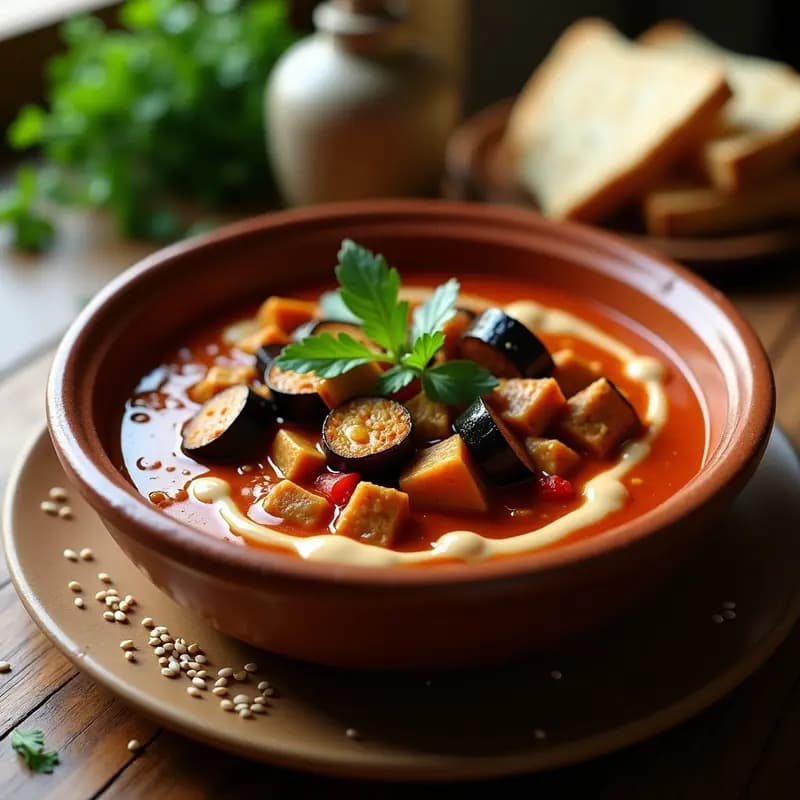 Estofado de Seitan y Berenjena con Salsa de Tahini: Receta Egipcia en Thermomix y Alta en Proteína