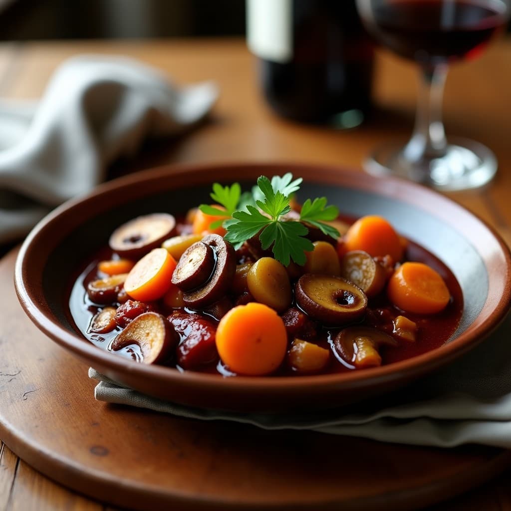 Estofado de Seitan y Champiñones Portobello en Salsa de Vino Tinto: Receta Francesa Alta en Proteína