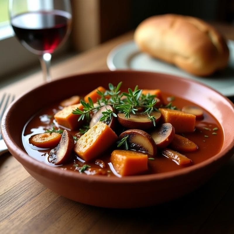Estofado de Seitan y Champiñones en Salsa de Oporto: Receta Portuguesa en Olla Lenta