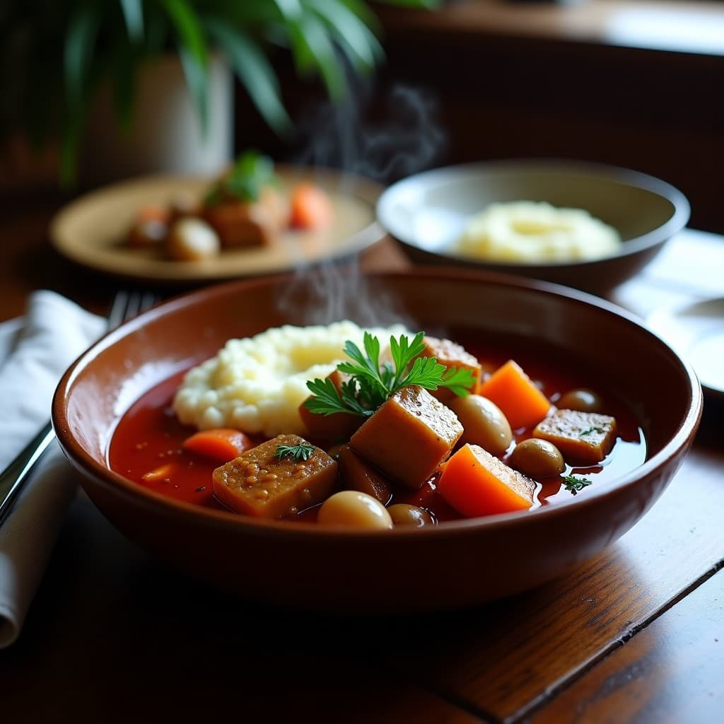 Estofado de Seitan al Vino Tinto con Setas Shimeji: Receta Gourmet Vegana en Olla Exprés