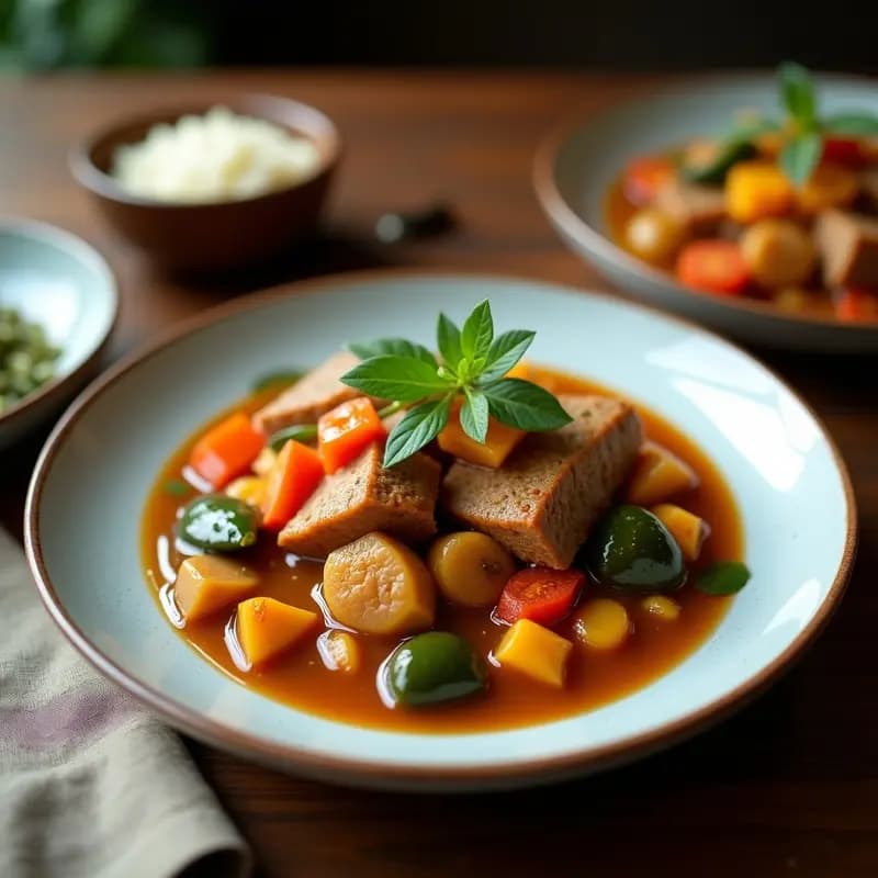 Estofado de Seitchen (Gluten de Trigo) con Verduras y Salsa de Tahini: Receta Vegana Alta en Proteína