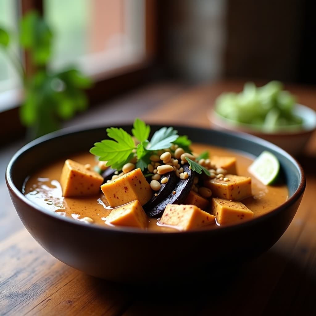 Estofado de Tofu y Berenjenas con Salsa de Cacahuete: Receta Tailandesa en Olla Express