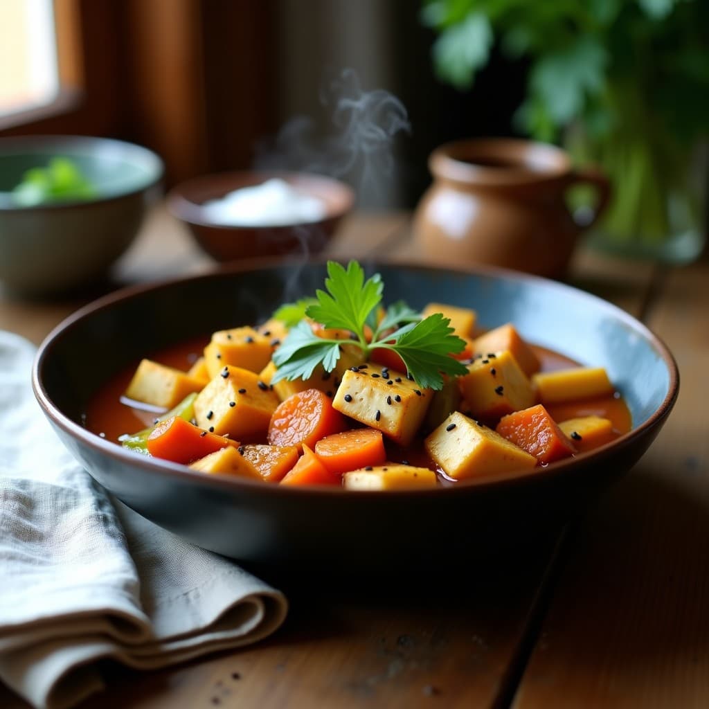 Estofado de Tofu y Raíces de Apio con Salsa de Tamari: Receta Macrobiótica en Olla Lenta
