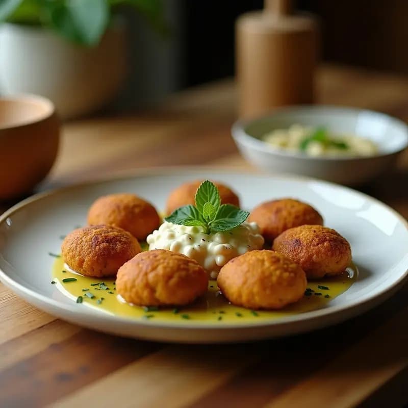 Falafel de Abejas Fritas con Salsa de Tahini y Limón: Aperitivo Iraní Crujiente y Especiado