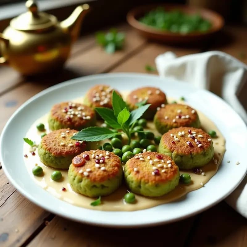Faltafel de Garbanzos Verdes con Tahini y Granadina: Receta árabe Vegana en 20 Minutos