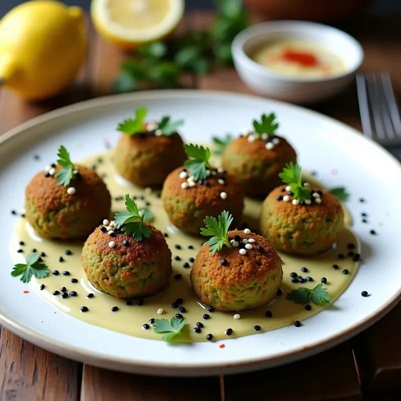 Falafel de Garbanzos Verdes con Tahini de Sésamo Negro: Entrante Libanés Crujiente y Vegano