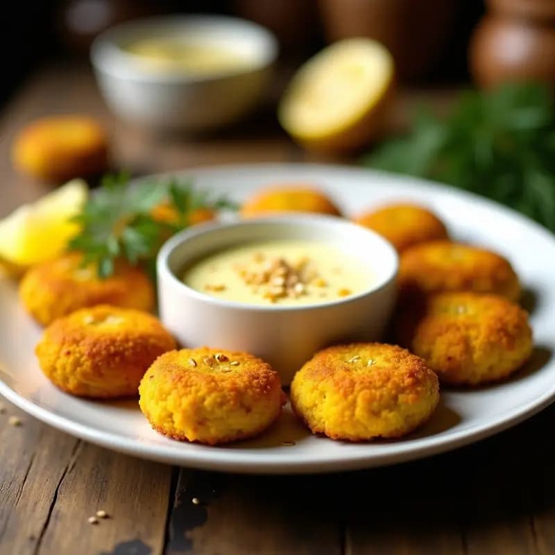 Falafel de Habas con Azafrán: Croquetas Persas Crujientes con Salsa de Limón y Eneldo