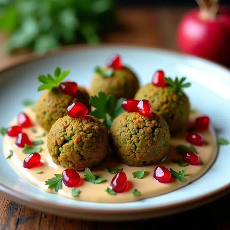 Falafel de Habas y Espirulina con Tahini y Granada: Aperitivo Libanes Alto en Hierro