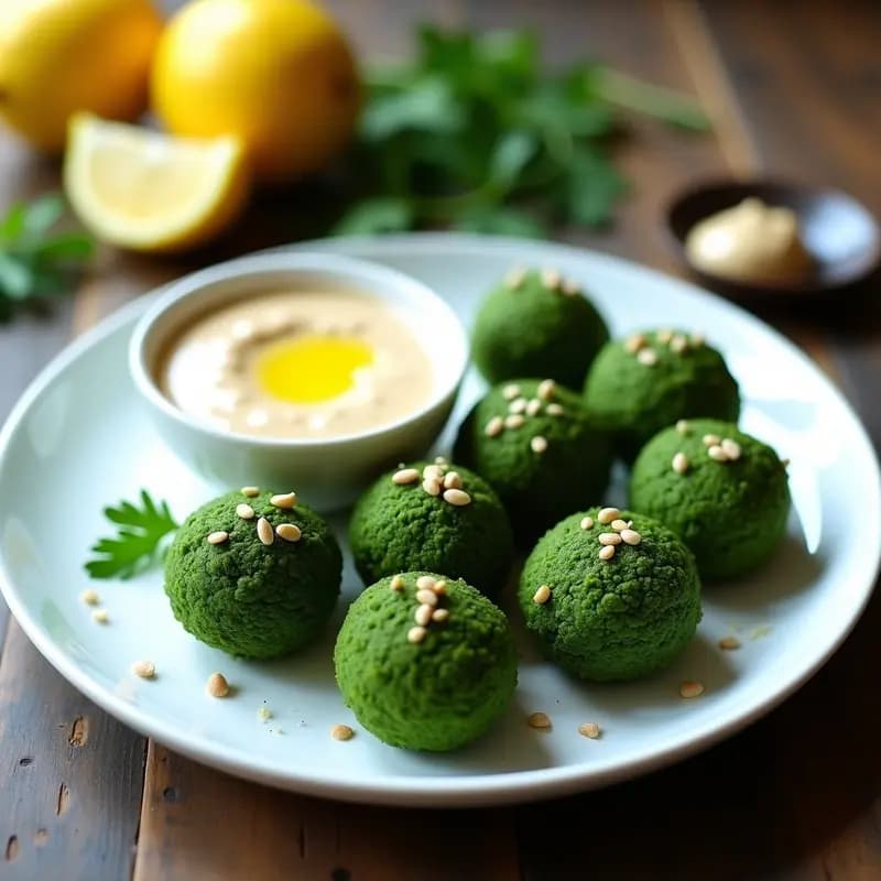 Falafel de Habas y Espirulina: Receta uniforme Vegana y Crudivegana con Dip de Tahini