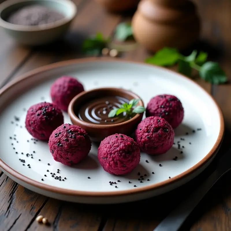Falafel de Habas Negras y Remolacha con Tahini de Sésamo Negro: Entrante Egipcio Crudivegano