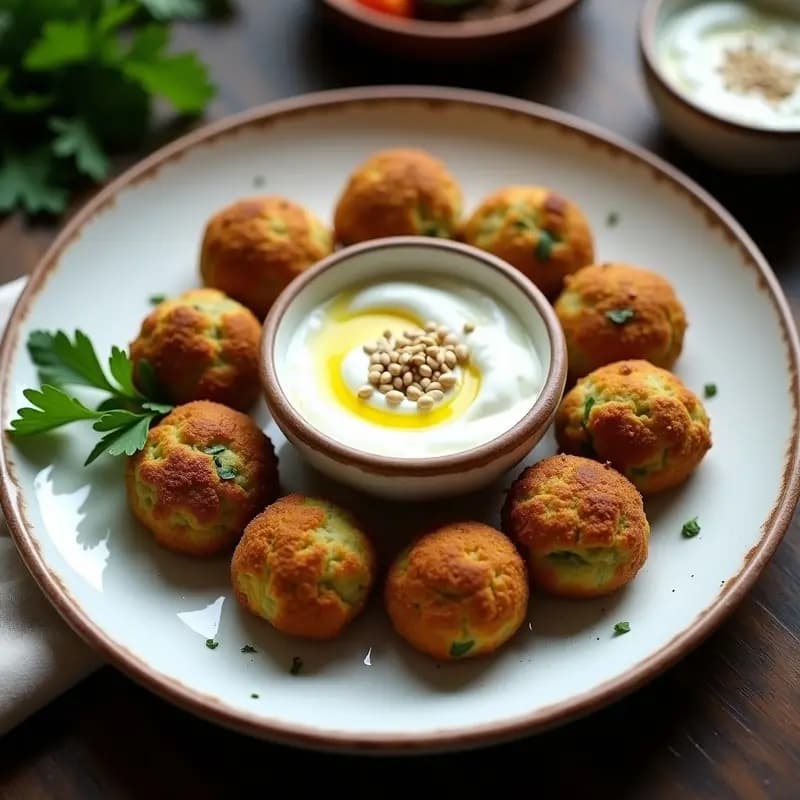 Falafel de Habas y Perejil: Croquetas Árabes al Horno con Dip de Yogur de Soja