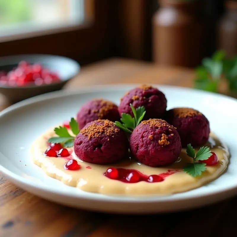 Falafel de Habas y Remolacha: versión siria colorida con tahini y granada