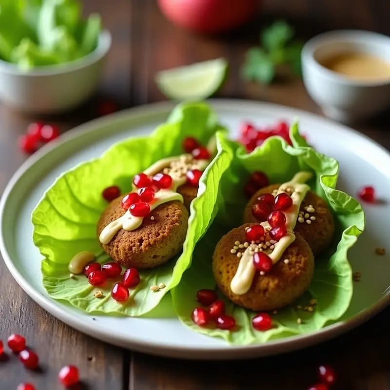 Falafel libanés al horno con salsa de tahini y granada en wrap de lechuga