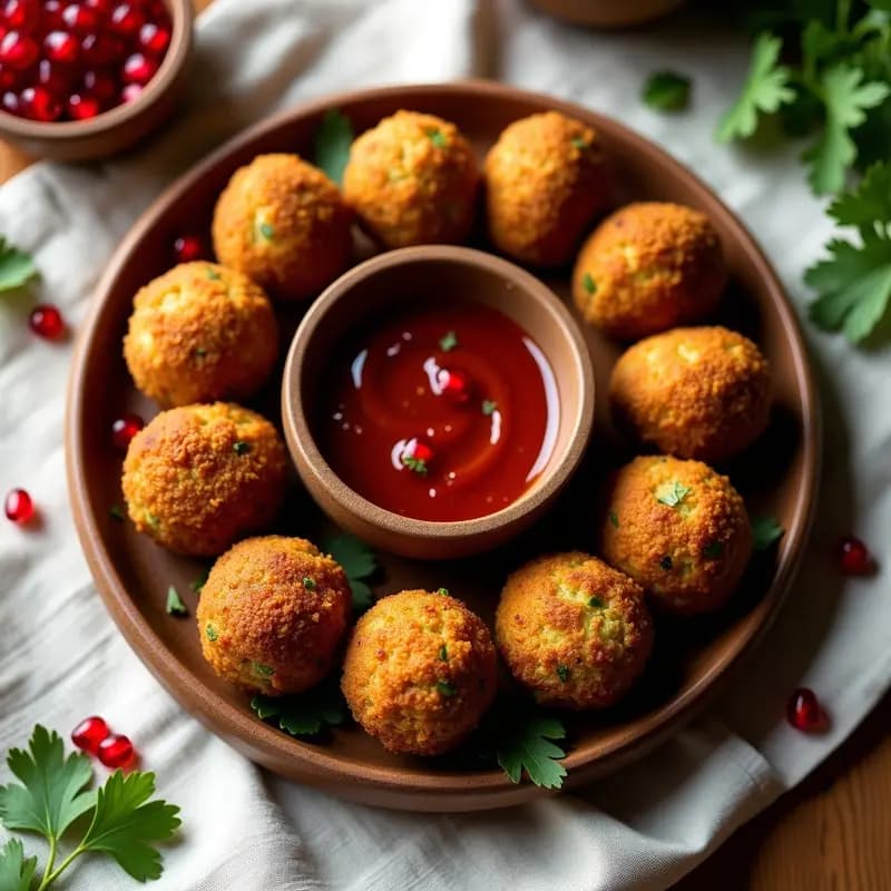 Falafel iraquí con salsa de tamarindo y granada: Aperitivo crujiente al horno