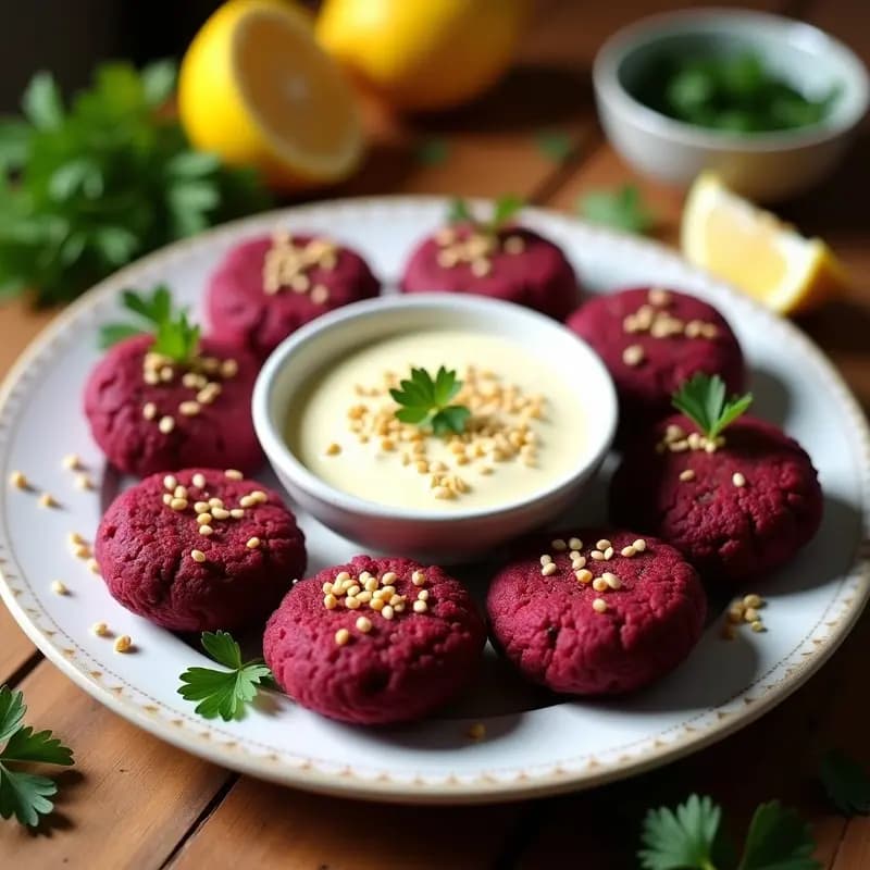 Falafel de Remolacha y Garbanzos con Salsa de Tahini y Limón: Entrante Libro-Abeja Vegano