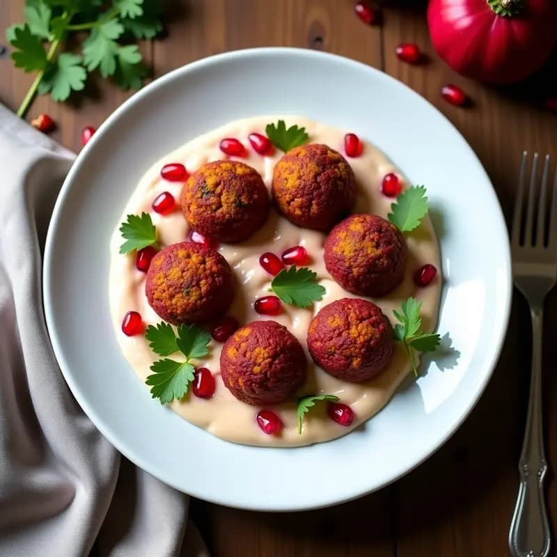 Falafel de Remolacha y Lentejas Rojas con Salsa de Tahini y Granada: Entrante Iraquí Crujiente