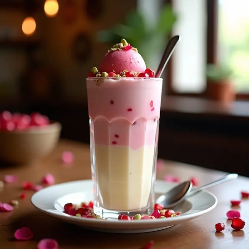 Falooda Iraní con Helado de Rosa y Fideos de Arroz: Bebida Refrescante
