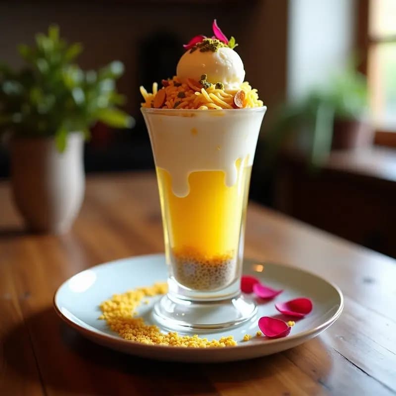 Falooda de Rosa y Vermicelli: Postre Indio con Helado de Azafrán y Semillas de Chía