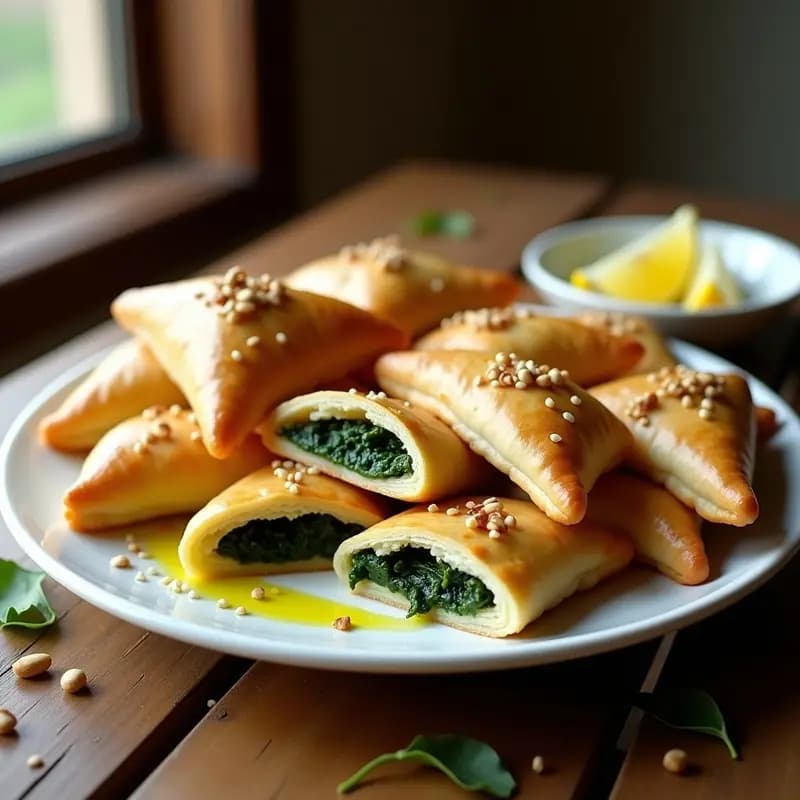 Fatayer de Espinacas y Piñones: Empanadillas Libanesas de Masa Fino con Zumo de Limón