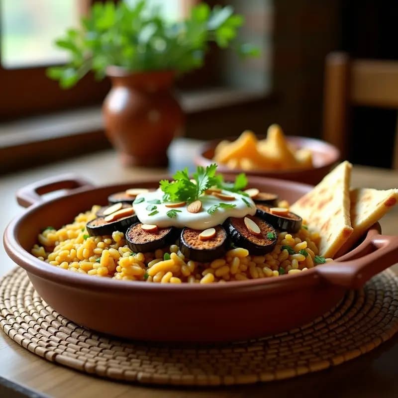 Fattah de Arroz y Berenjena: Receta Egipcia Vegana con Yogur de Soja y Salsa de Ajo