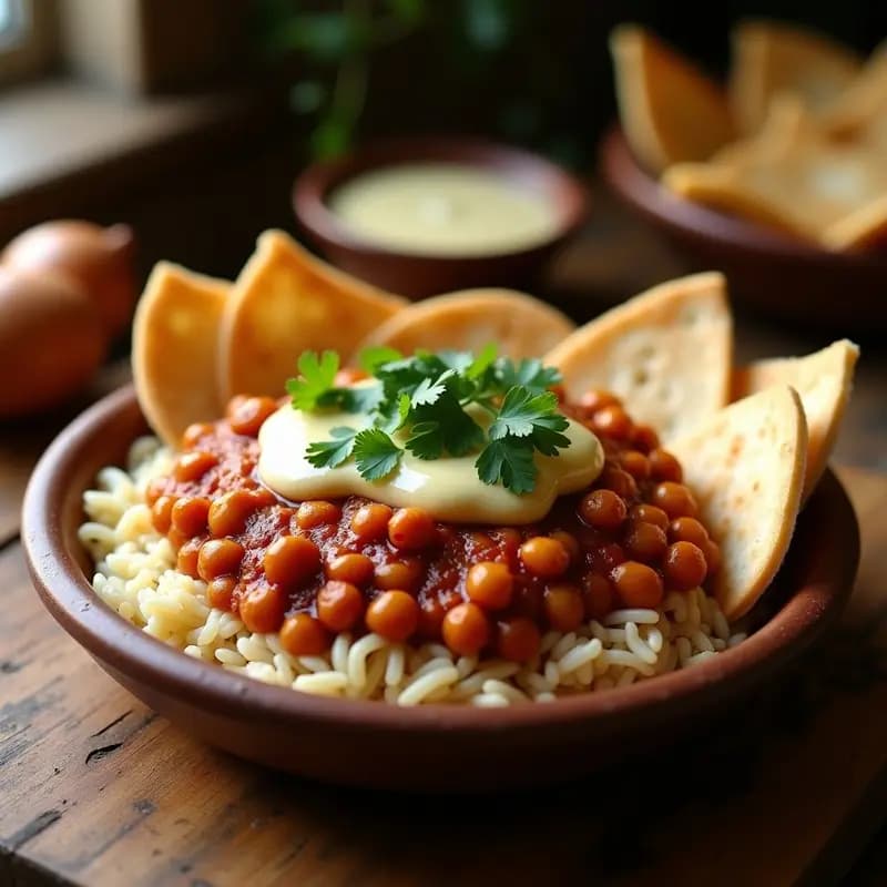 Fattah de Garbanzos y Arroz: Receta Egipcia Vegana con Crujiente de Pan Pita