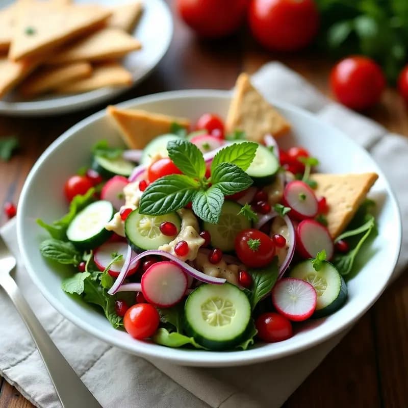 Fattaoush con Pan de Pita Integral y Granado: Ensalada Libanesa Sin Gluten en 10 Minutos