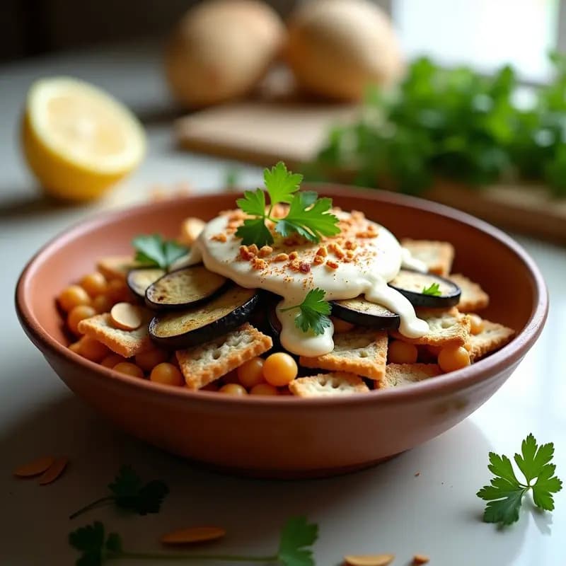 Fatteh de Berenjena y Garbanzos con Yogur de Soya: Receta Libanesa Vegana y Sin Lactosa en 20 Minutos