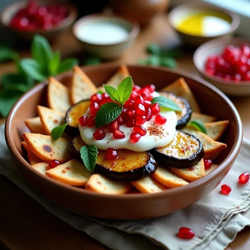 Fatteh de Berenjena y Yogur Griego: Receta Libanesa Vegana con Granos de Granadas y Menta