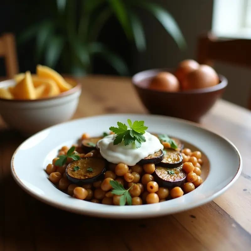 Fatteh de Berenjenas y Garbanzos con Yogur de Coco: Receta Libanesa Vegana y Sin Horno