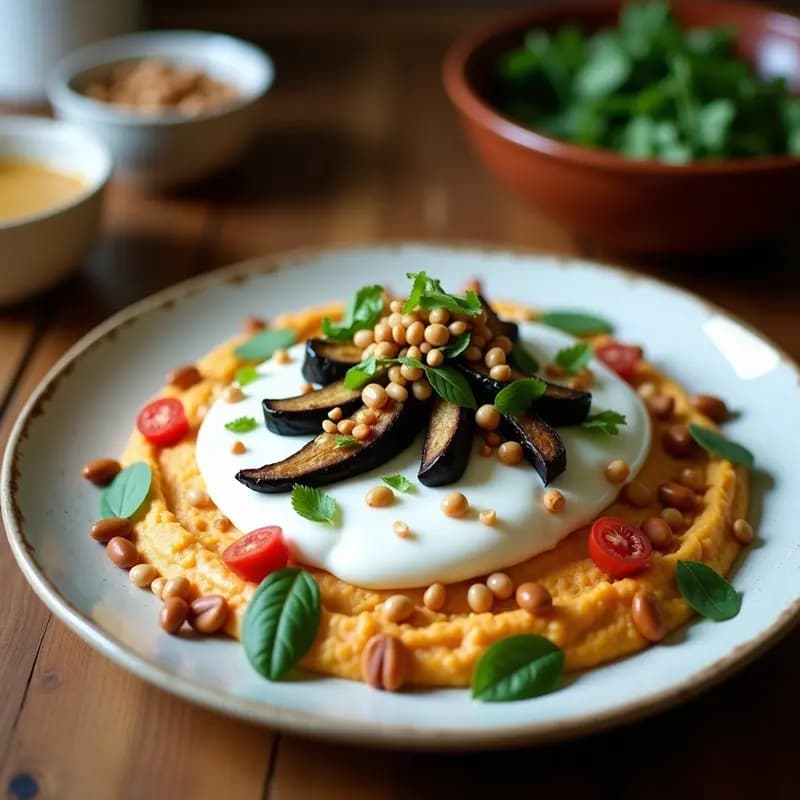 Fatteh de Hummus y Berenjena: Receta Siria Vegana con Yogur de Coco y Piñones