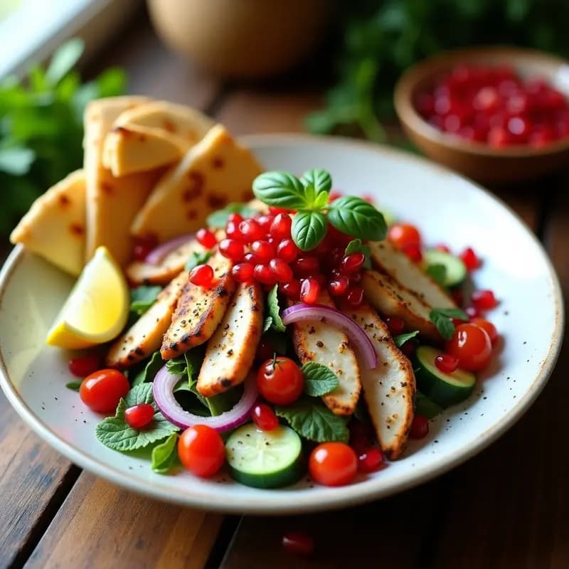 Fattoosh con Granada y Pollo a la Parrilla: Ensalada árabe Fresca y Crujiente