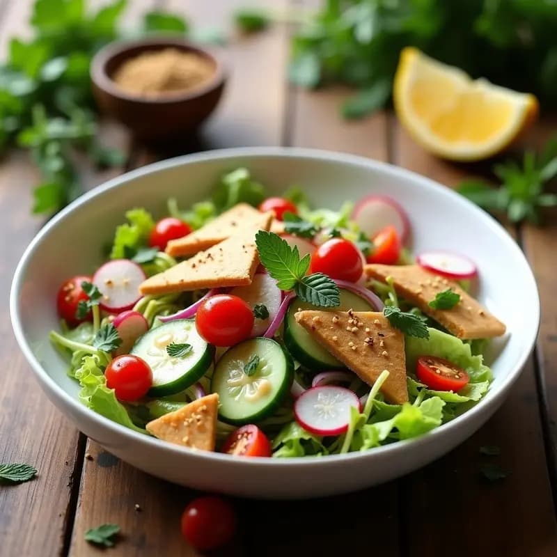Fattoush de Apio y Rábanos con Crujiente de Pan de Pita Integral: Ensalada Líbano Light