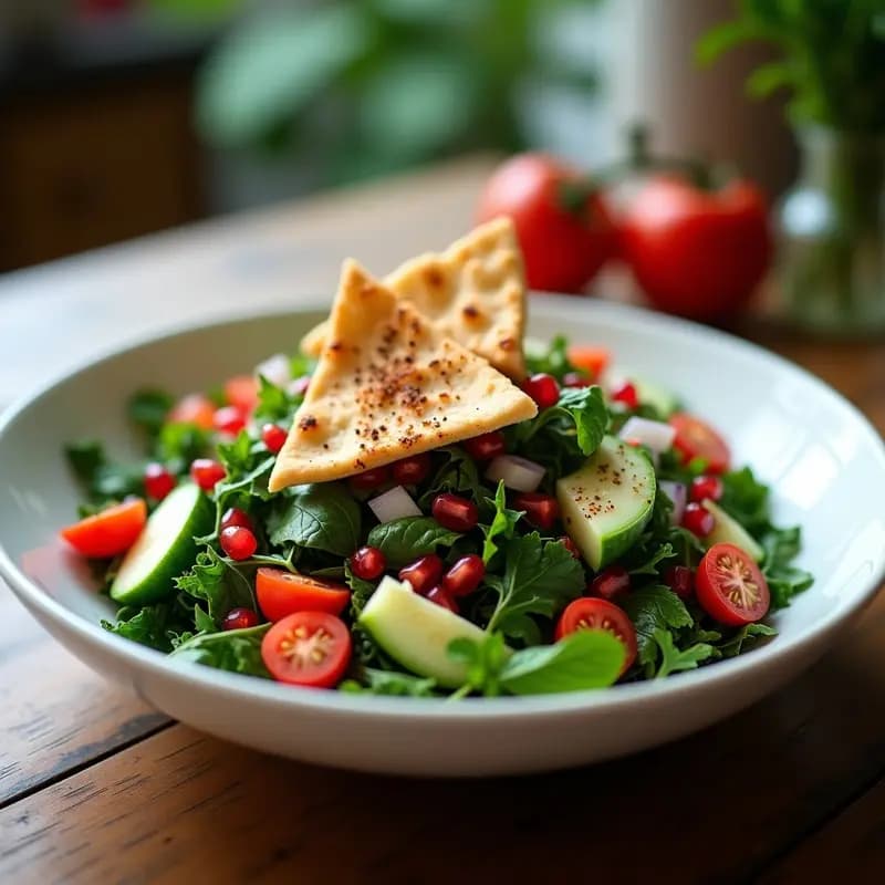 Fattoush de Col Rizada y Granadas con Crujiente de Pita: Ensalada Libanes Sin Gluten