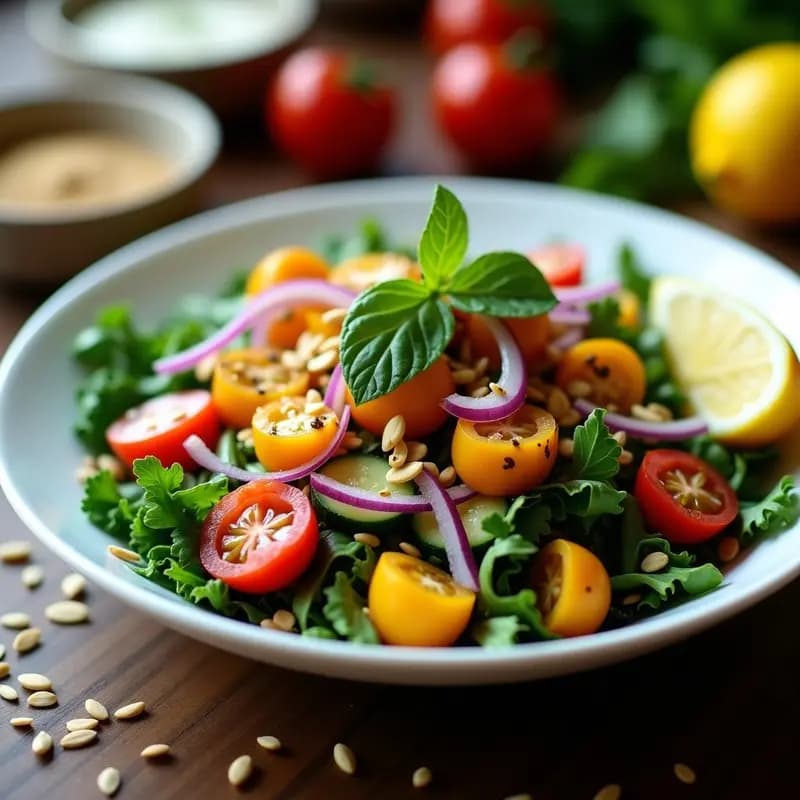 Fattoush de Col Rizada y Granadilla: Ensalada Libanesa con Toque Tropical en 10 Minutos