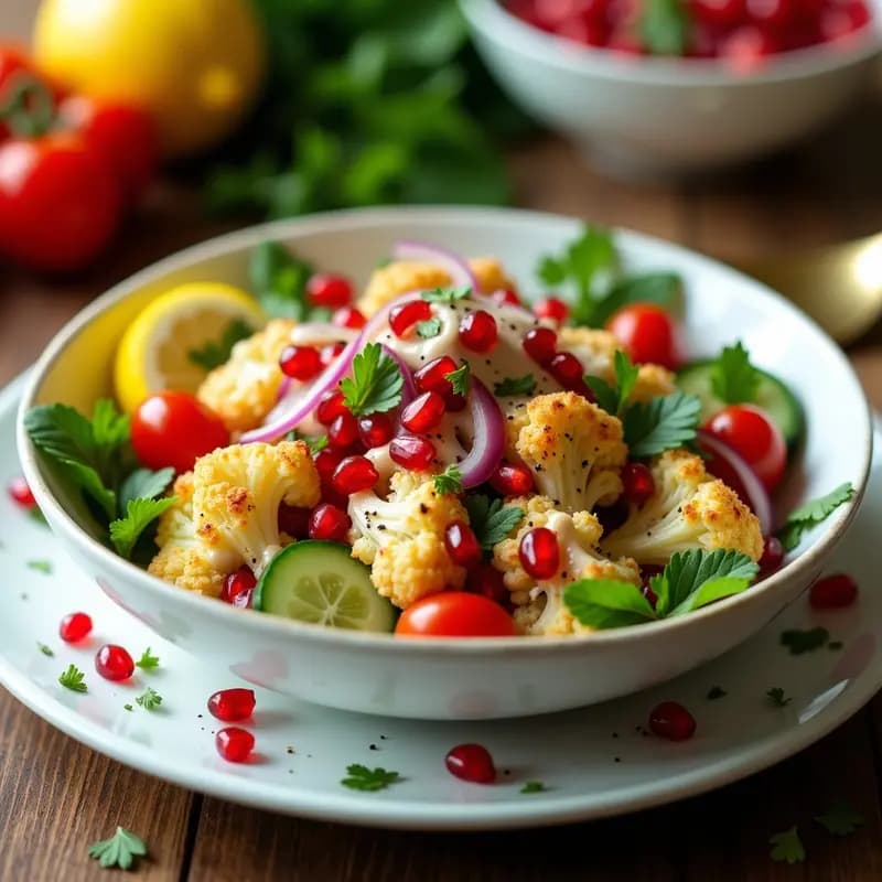 Fattoush de Coliflor Tostada y Granados: Receta Libanesa Crudivegana y Sin Gluten