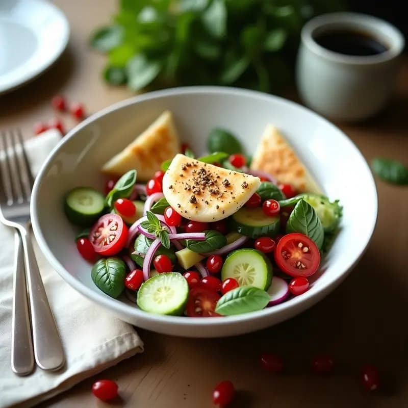 Fattoush con Gránulos de Granada y Hierba Buena: Ensalada Libanesa Crujiente