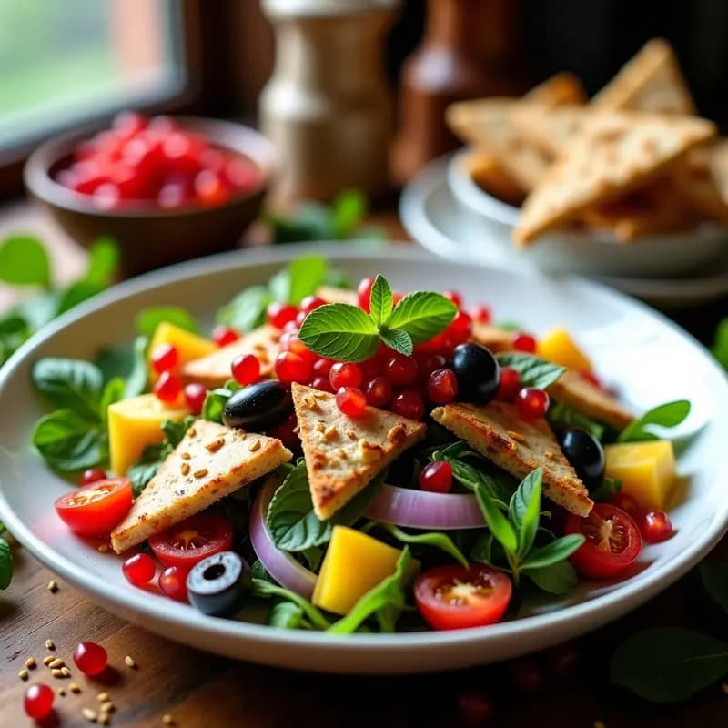 Fattoush de Granada y Mentas: Ensalada Libanesa con Toque Ácida y Fresca