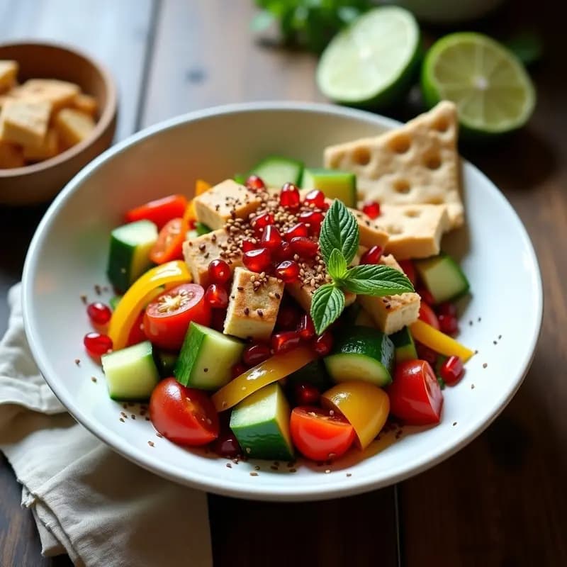 Fattoush con Granada y Mentas Frescas: Ensalada Libanesa Crujiente en Bowl