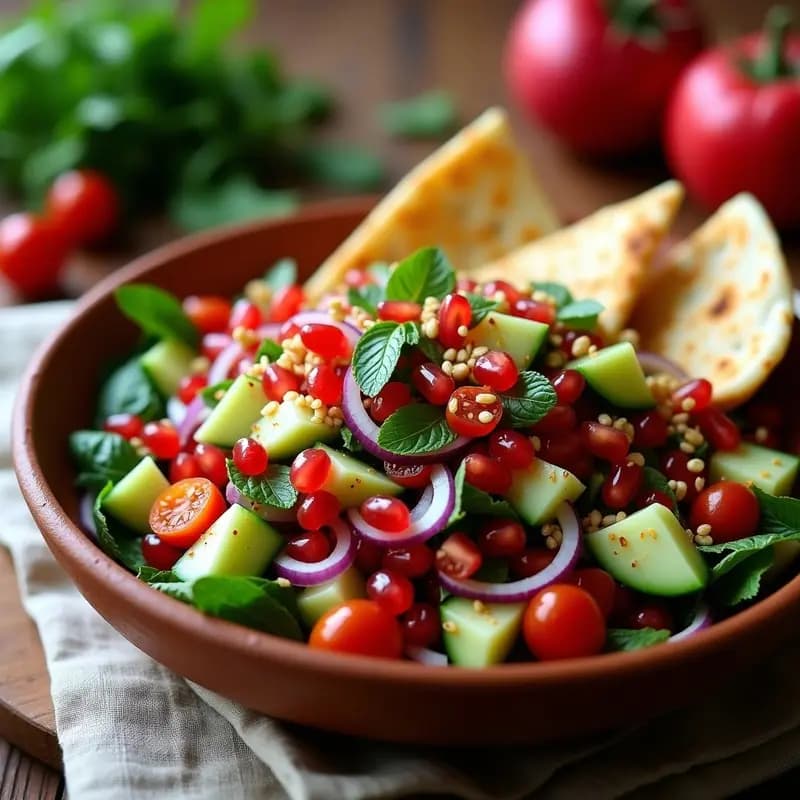 Fattoush de Granada y Pepino: Ensalada Libanesas Crujiente con Pan de Pita