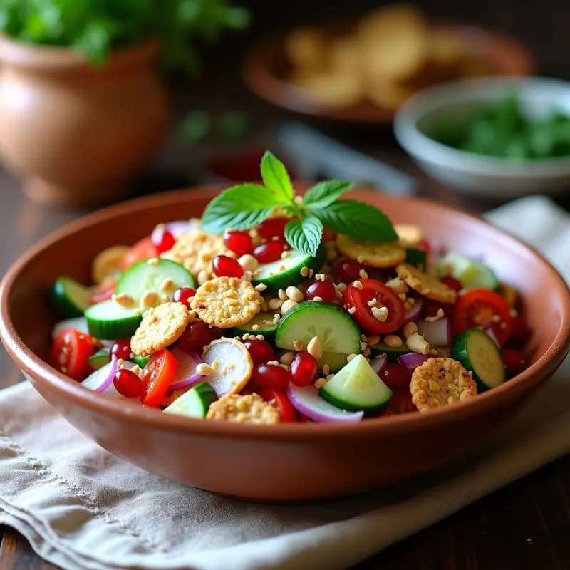 Fattoush Libanés con Granitos de Granada: Ensalada Árabe Crujiente y Sin Gluten