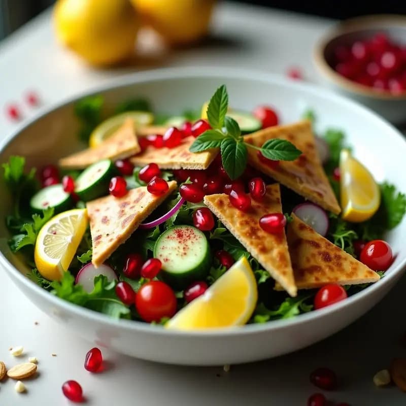 Fattoush Libanés con Granada y Sumac: Ensalada Árabe bañada en Limón y Aceite de Oliva