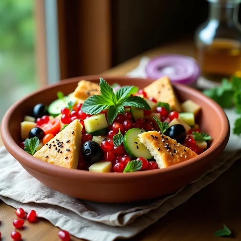 Fattoush con Granadas y Aceitunas Kalamata: Ensalada Libanesa Cruziente y Refrescante