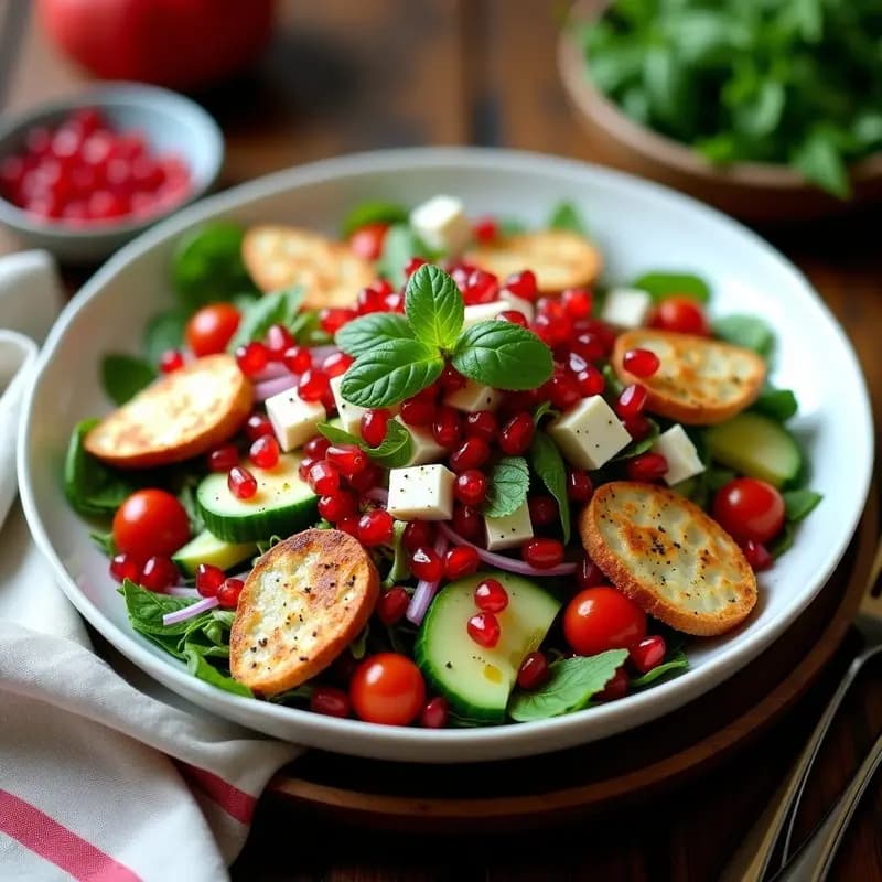Fattoush con Granadas y Queso Halloumi: Receta Libanesa Fresca y Crujiente
